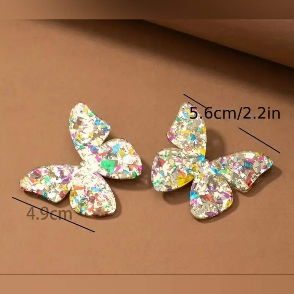 NWT! Multicolored Sequined Butterfly Elegant Stud Earrings - Picture 2 of 5